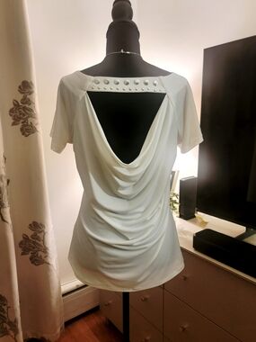 Carmen Marc Valvo Studded Cowl Open Back Drape Blouse Top - Cream - Size M